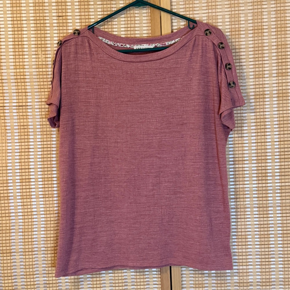 Retrology Womens Mauve Slub Knit Button Shoulder Short Sleeve Top Blouse Medium
